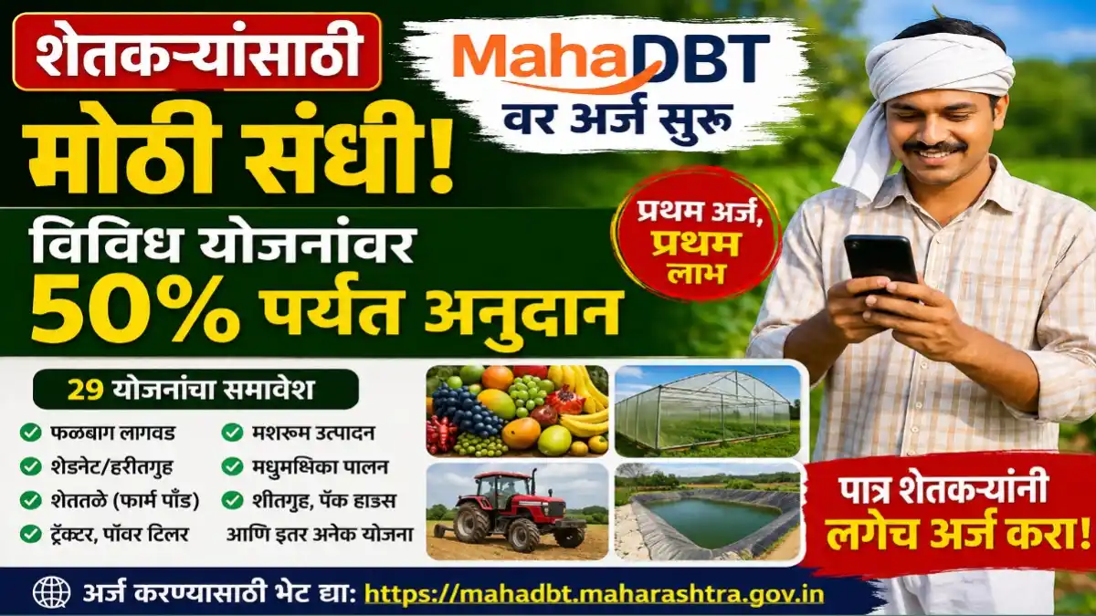MahaDBT वर अर्ज सुरू; अनुसूचित जाती प्रवर्गातील पात्र शेतकऱ्यांसाठी ५०% पर्यंत अनुदान